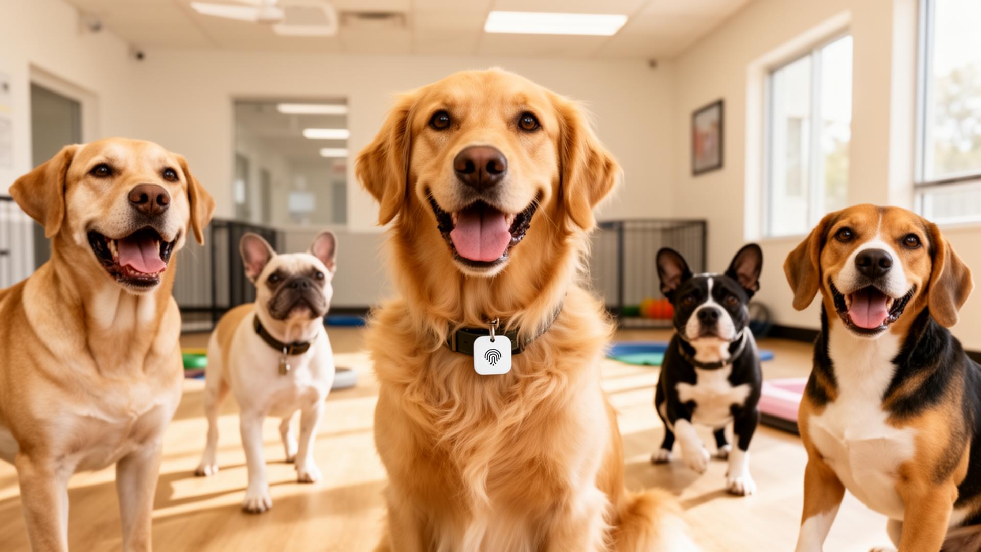 Grupo de cães numa creche com tags NFC nas coleiras